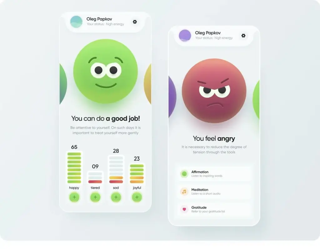58562c227b61b8d7addb500767f35b3a Two emotion tracking app screens show facial mood icons: happy and angry, with related tips and mood graphs for user well-being insights. | Sky Rye Design Two emotion tracking app screens show facial mood icons: happy and angry, with related tips and mood graphs for user well-being insights.