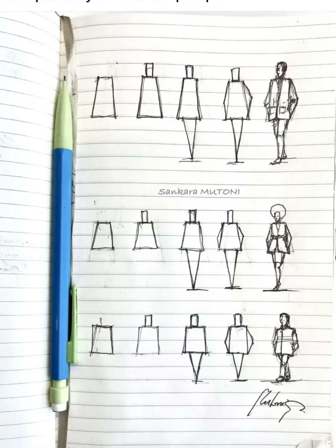 59da3b491bf188acfa22fa595ce5210b Simple step-by-step guide to sketching people using basic shapes, with a pencil visible on the lined notepad. | Sky Rye Design how to practice sketching