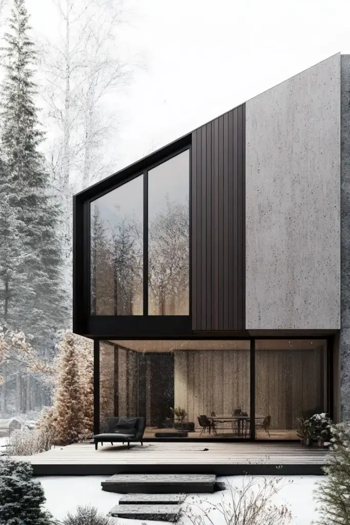 Modern minimalist house with large glass windows surrounded by a snowy forest, showcasing contemporary architecture and serene landscape.