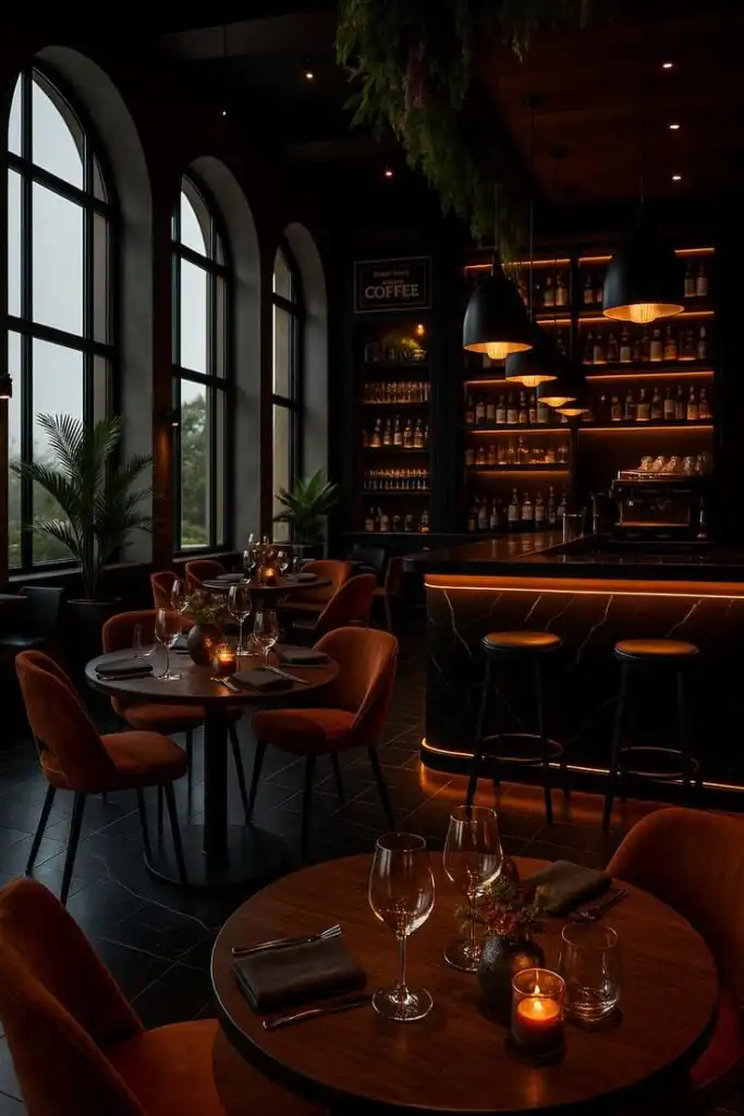 Cozy, dimly lit cafe interior with elegant decor, warm lighting, and stylish seating, perfect for a relaxing evening with friends.