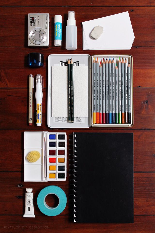5d8f24b1f23c5d132d0b6fe0e570d660 Art supplies flat lay: colored pencils, sketchbook, watercolor set, brushes, camera, tape, eraser on a wooden table. | Sky Rye Design Art supplies flat lay: colored pencils, sketchbook, watercolor set, brushes, camera, tape, eraser on a wooden table.
