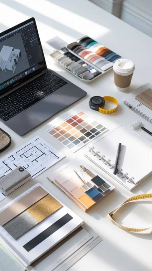 _ 6 Interior design workspace with laptop, color swatches, floor plan, and coffee cup on a white table. Ideal setting for creative projects. | Sky Rye Design Interior design workspace with laptop, color swatches, floor plan, and coffee cup on a white table. Ideal setting for creative projects.