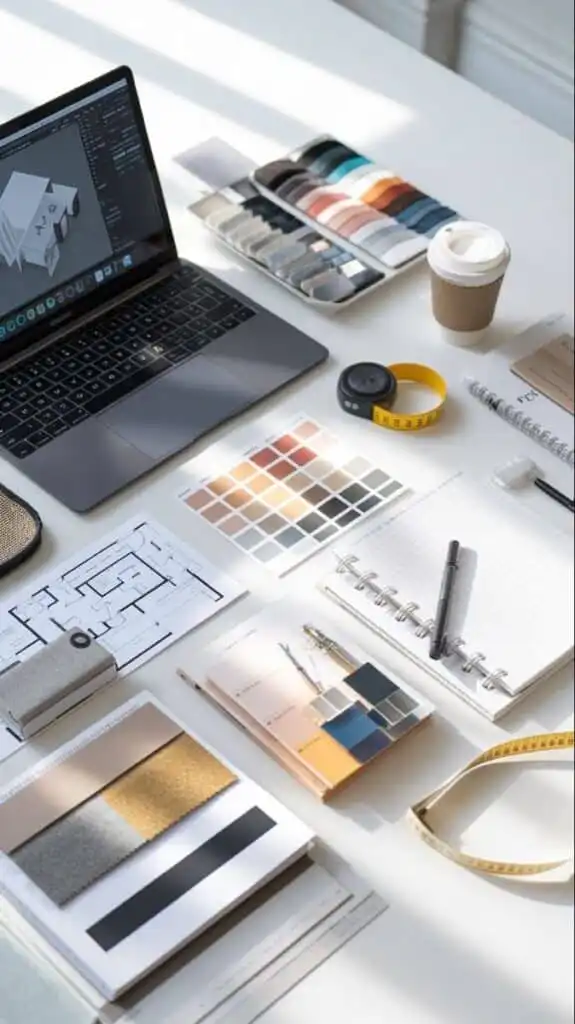Interior design workspace with laptop, color swatches, floor plan, and coffee cup on a white table. Ideal setting for creative projects.