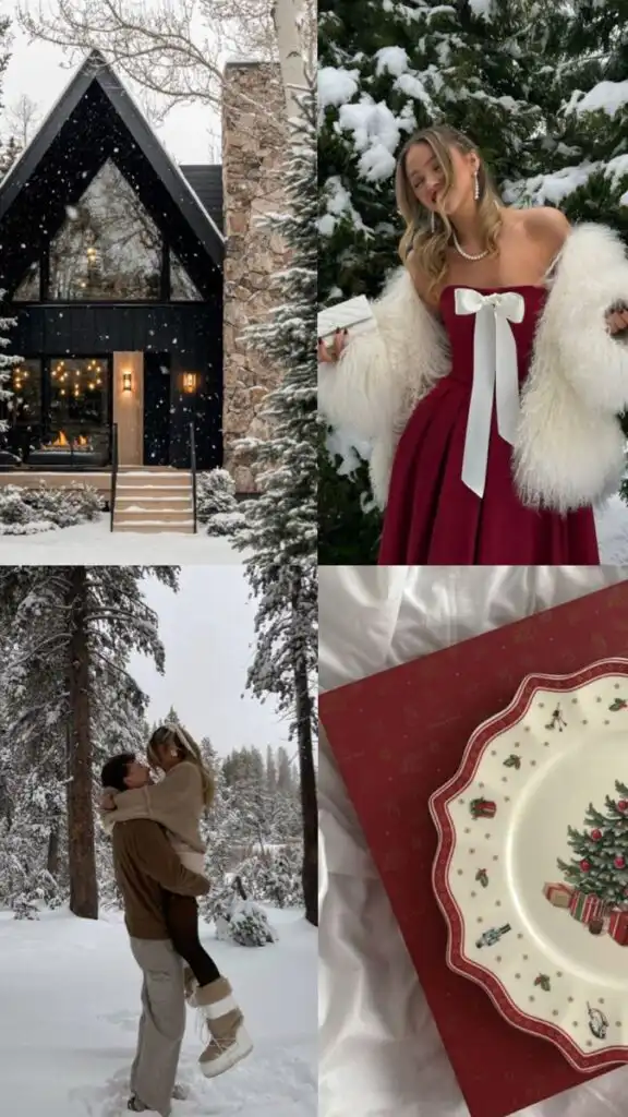 Cozy winter scenes: festive cabin, elegant woman in red dress, couple embracing in snow, and holiday-themed plate setting.