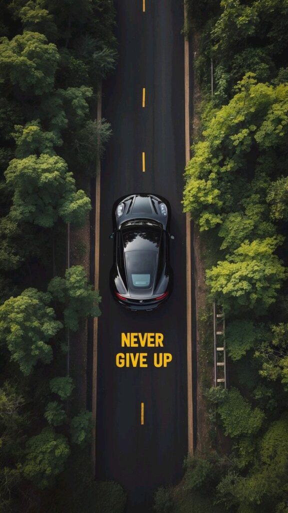 Overhead view of a black sports car on a forest road with Never Give Up painted on the pavement, promoting persistence and