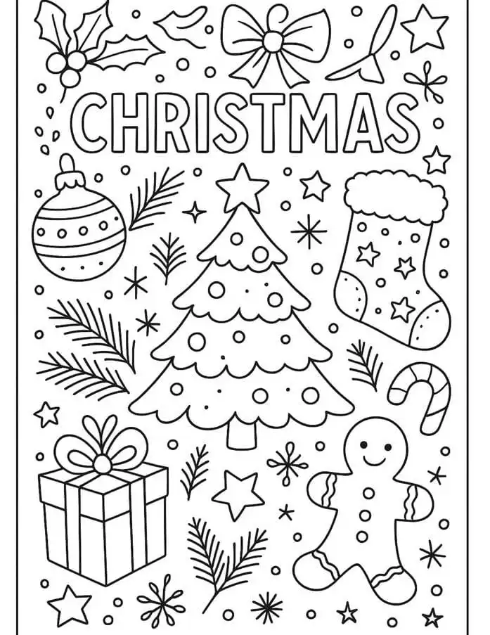 6 Pack Christmas Coloring Pages Christmas coloring page with tree, ornaments, stocking, gingerbread man, candy cane, and gift. Festive holiday elements for kids. | Sky Rye Design Christmas coloring page with tree, ornaments, stocking, gingerbread man, candy cane, and gift. Festive holiday elements for kids.