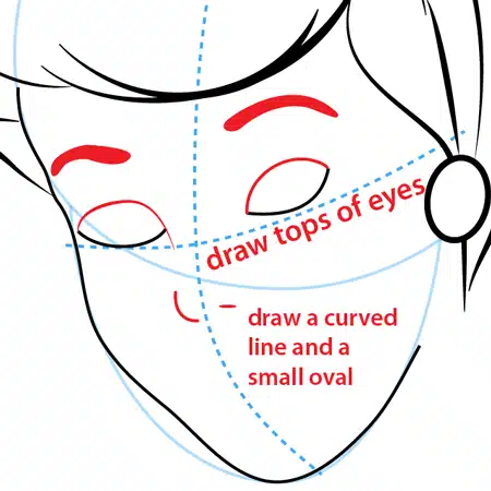 6 Illustration guide for drawing a face, showing lines for eye and facial structure placement with text instructions in red and blue. | Sky Rye Design Illustration guide for drawing a face, showing lines for eye and facial structure placement with text instructions in red and blue.