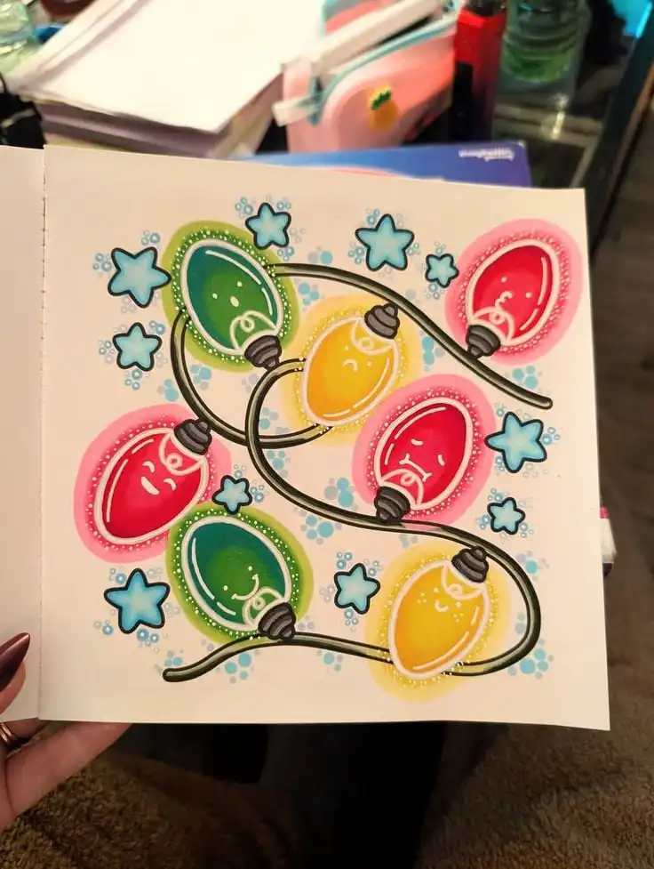 6020db3e-0e2d-4831-be38-dc1d3d86a0a1 Colorful cartoon Christmas lights illustration with red, green, and yellow bulbs surrounded by cheerful stars and bubbles. | Sky Rye Design Colorful cartoon Christmas lights illustration with red, green, and yellow bulbs surrounded by cheerful stars and bubbles.