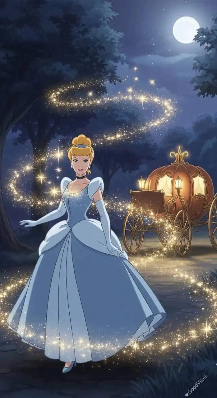 _ 62 Fairy tale scene: Princess in blue gown with sparkling magic swirl, moonlit night, and pumpkin carriage. Enchanted forest backdrop. | Sky Rye Design Fairy tale scene: Princess in blue gown with sparkling magic swirl, moonlit night, and pumpkin carriage. Enchanted forest backdrop.