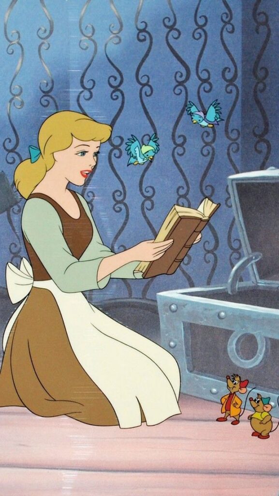 _ 63 Young woman in apron reading a book, surrounded by birds and mice, inside a cozy room with a chest. | Sky Rye Design Young woman in apron reading a book, surrounded by birds and mice, inside a cozy room with a chest.