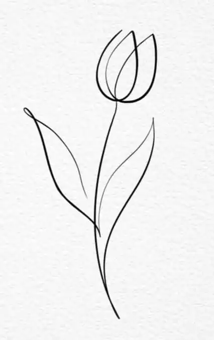 Minimalist single-line drawing of a tulip flower on a white background, emphasizing simplicity and elegance in floral art.