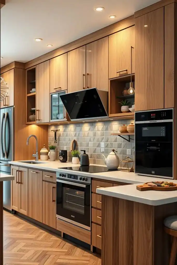 Modern kitchen with wooden cabinets, white countertops, and stainless appliances, featuring a chevron tile backsplash and under-cabinet lighting.