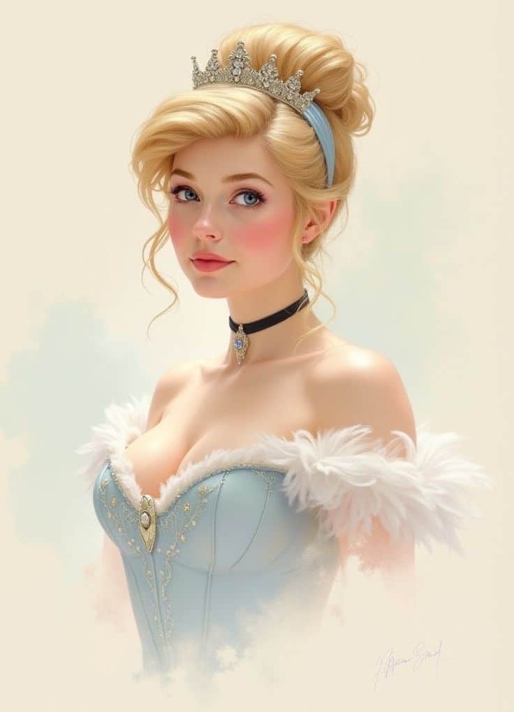 _ 64 Elegant princess with blonde hair and jeweled crown in blue gown, exuding royal charm and grace in a fantasy art illustration. | Sky Rye Design Elegant princess with blonde hair and jeweled crown in blue gown, exuding royal charm and grace in a fantasy art illustration.