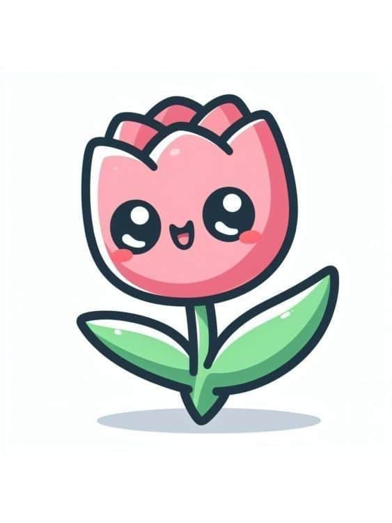Cute pink cartoon tulip with smiling face and green leaves on white background, perfect for kids' designs and playful