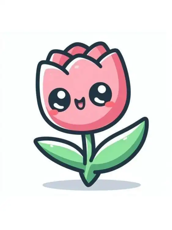 Cute pink cartoon tulip with smiling face and green leaves on white background, perfect for kids' designs and playful