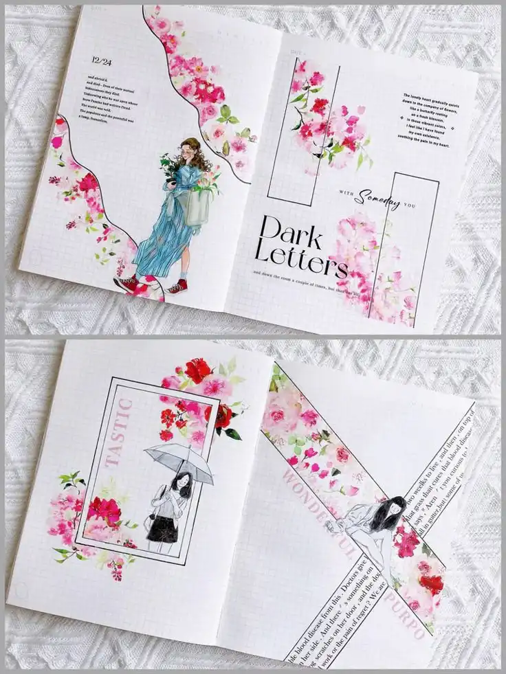 Open journal with floral designs and drawings, featuring Dark Letters and inspirational text on a lace-covered background.