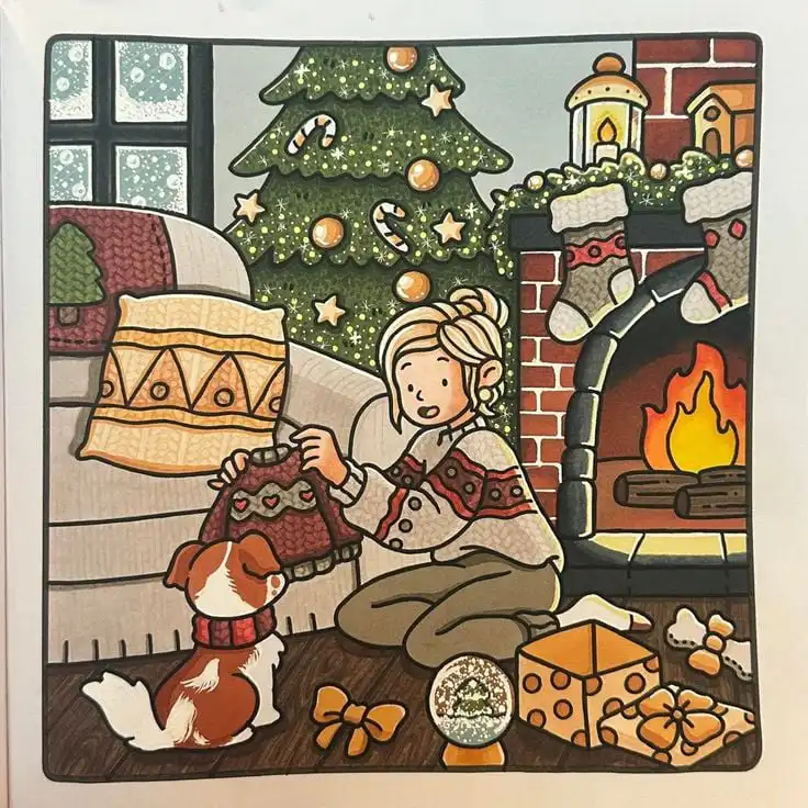 66a29c1f-66fb-4f91-8320-afbb216912b3 Woman and dog by Christmas tree and fireplace, exchanging gifts in cozy room. Holiday decorations and stockings on mantel. | Sky Rye Design Woman and dog by Christmas tree and fireplace, exchanging gifts in cozy room. Holiday decorations and stockings on mantel.