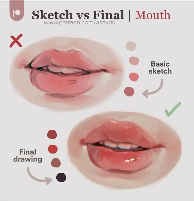 Comparison of mouth sketch vs. final drawing with color palettes, showcasing artistic progression and detail enhancement techniques.