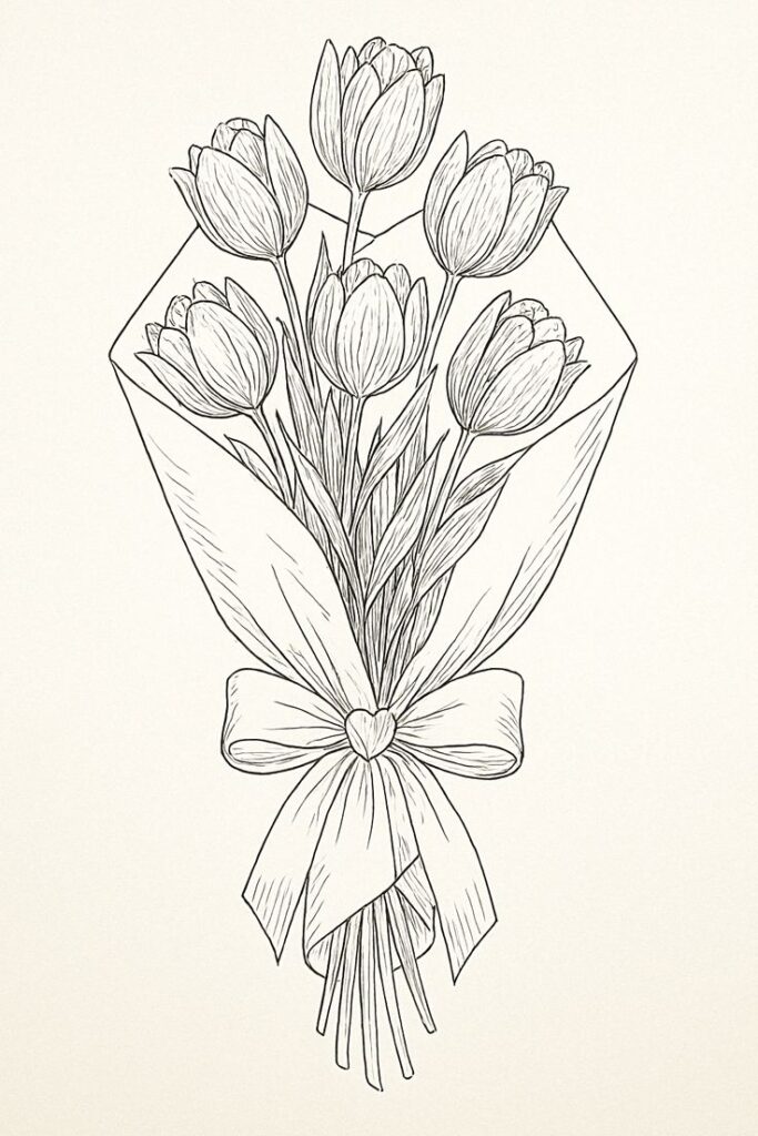 Illustrated bouquet of tulips wrapped in paper with a decorative bow, ideal for coloring books or floral-themed designs.