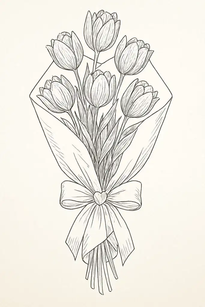Illustrated bouquet of tulips wrapped in paper with a decorative bow, ideal for coloring books or floral-themed designs.