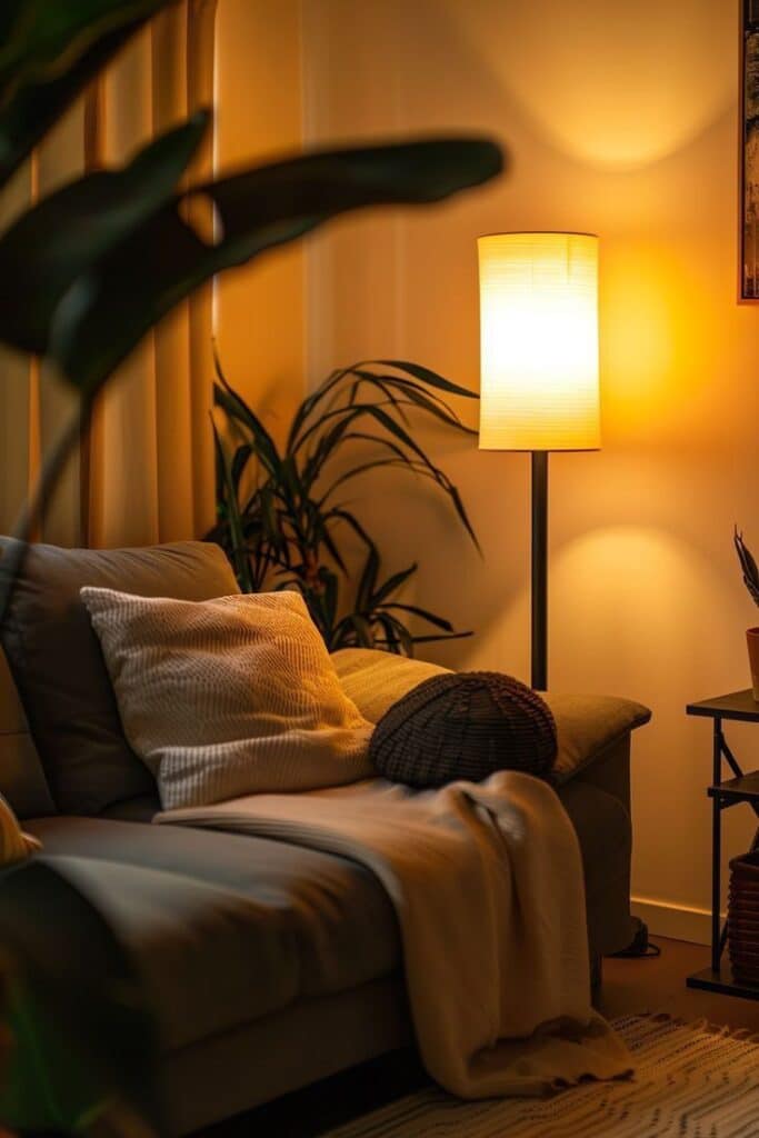 684d6ca3-7f7a-4e35-9168-fa01e27f64fa Cozy living room with a soft couch, pillows, warm lighting from a floor lamp, and lush indoor plants creating a relaxing atmosphere. | Sky Rye Design Cozy living room with a soft couch, pillows, warm lighting from a floor lamp, and lush indoor plants creating a relaxing atmosphere.