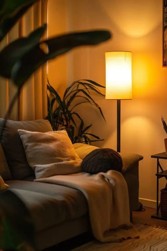 Cozy living room with a soft couch, pillows, warm lighting from a floor lamp, and lush indoor plants creating a relaxing atmosphere.