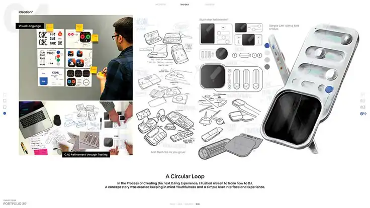 Person working on design sketches and CAD models for a concept device, showcasing the ideation process and visual language elements.