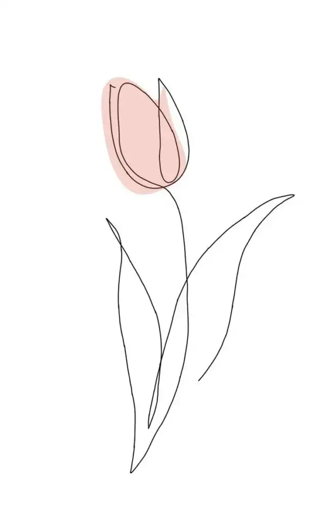 Minimalist continuous line art of a tulip with pink petal fill, showcasing elegant floral design on a white background.