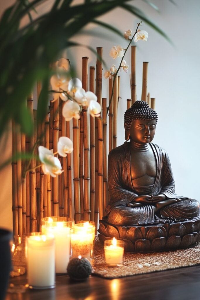 Tranquil Buddha statue with candles and orchids on a bamboo backdrop, creating a serene meditation space atmosphere.