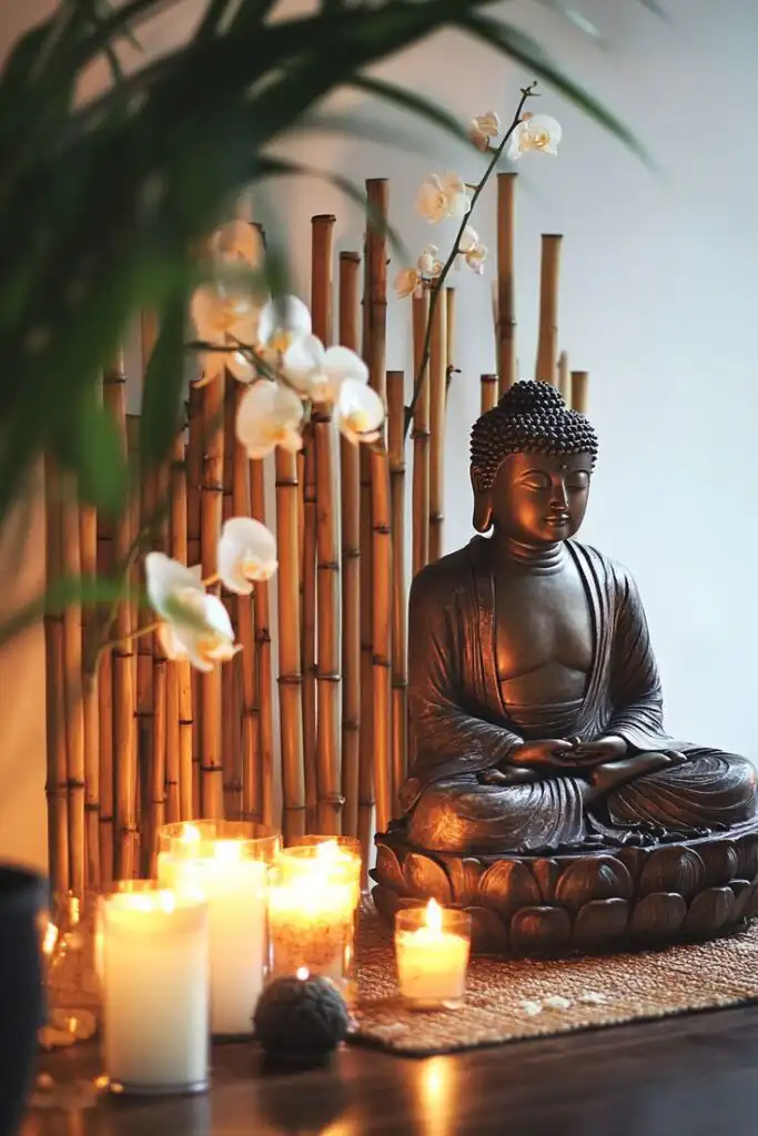 Tranquil Buddha statue with candles and orchids on a bamboo backdrop, creating a serene meditation space atmosphere.