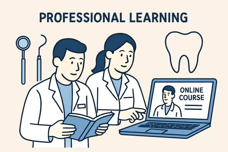 6966aa4ec610e Two dental professionals engaged in online learning with a laptop and dental tools, illustrating professional development in dentistry. | Sky Rye Design Two dental professionals engaged in online learning with a laptop and dental tools, illustrating professional development in dentistry.