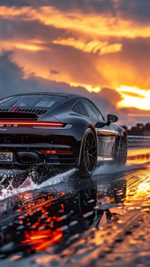 Sleek sports car speeding on a wet road at sunset, splashing water, with vibrant orange sky reflecting on the surface.