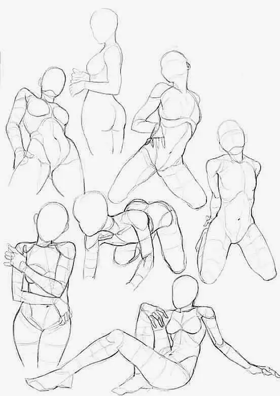 Sketch of multiple female figure poses for drawing reference, featuring various body postures and movements in a minimalistic outline style.