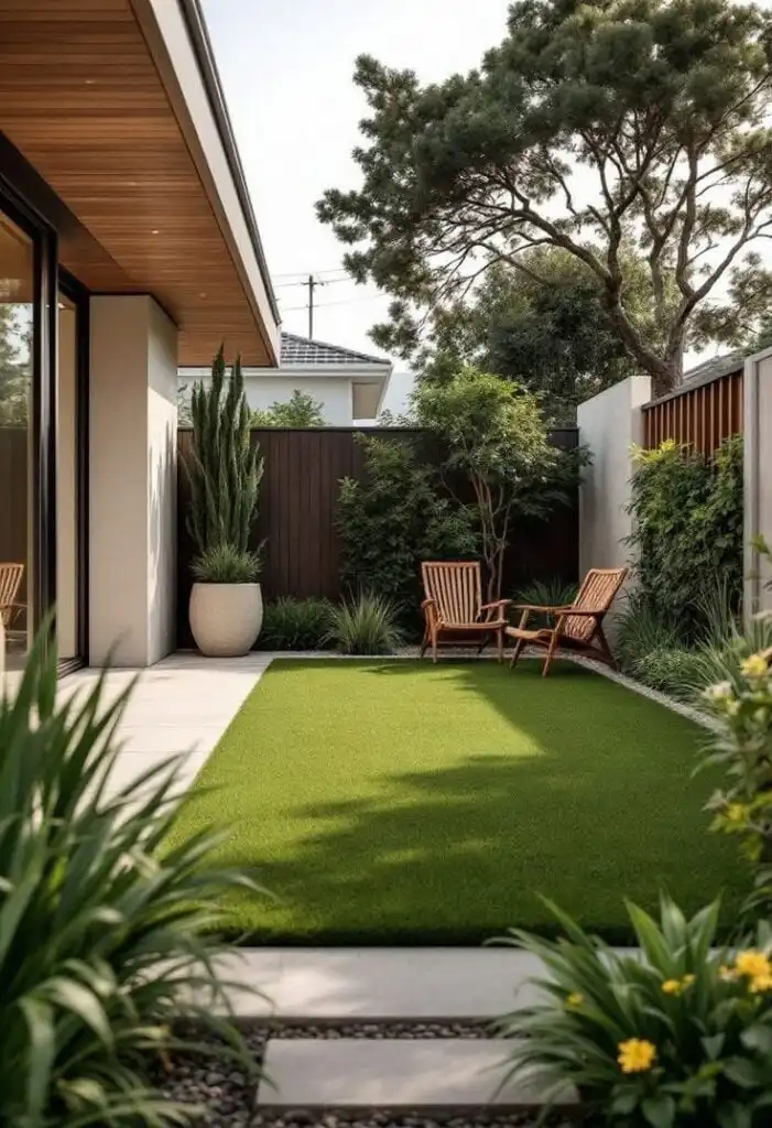 Modern backyard garden with lush greenery, two wooden chairs, and a potted plant. Features manicured grass and contemporary