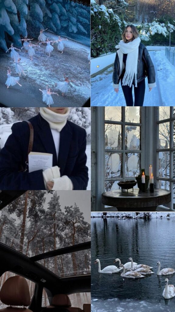 _ 7 Collage of serene winter scenes: ballet dancers, snowy walk, cozy attire, candles by frosty window, snow-covered trees, and swans on icy water. | Sky Rye Design Collage of serene winter scenes: ballet dancers, snowy walk, cozy attire, candles by frosty window, snow-covered trees, and swans on icy water.