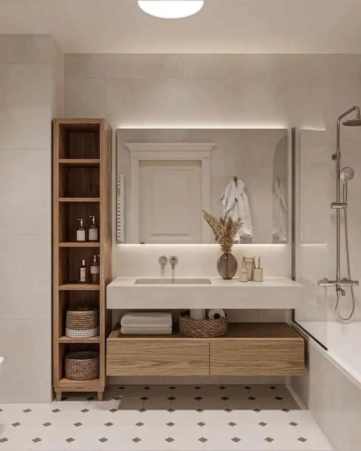 Modern bathroom with wooden shelves, illuminated mirror, and sleek fixtures. Neutral tones and minimalist design create a