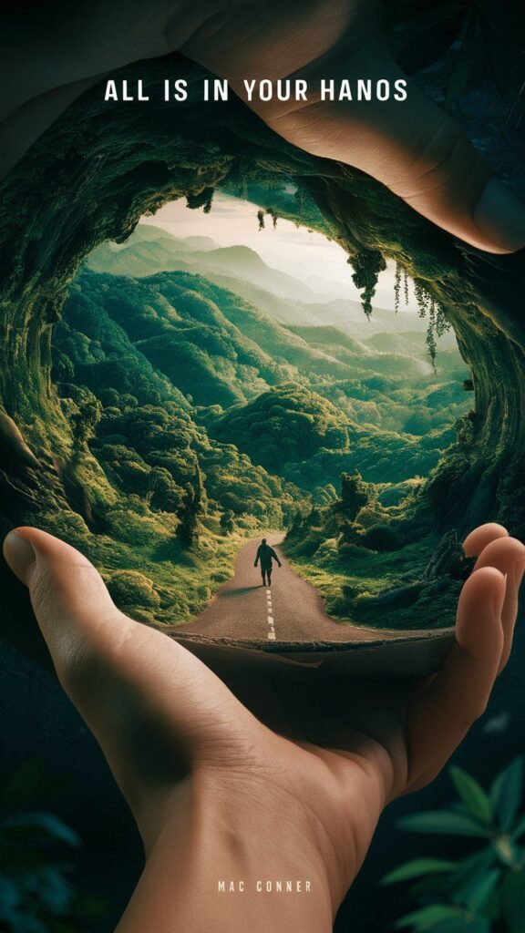 Surreal scene with hands framing a road leading to a lush green landscape, featuring a lone figure walking ahead. Text: All