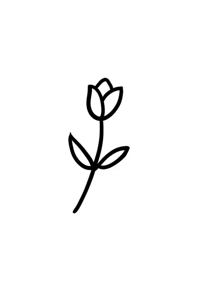 Simple black and white line drawing of a flower with a single stem and two leaves on a white background. Minimalist floral