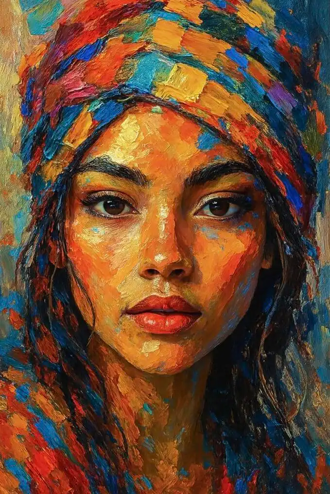 Screenshot Vivid portrait of a woman with colorful face and headscarf, painted in expressive brushstrokes. Art with vibrant orange, blue hues. | Sky Rye Design Vivid portrait of a woman with colorful face and headscarf, painted in expressive brushstrokes. Art with vibrant orange, blue hues.