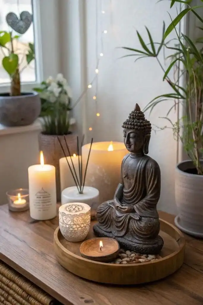 Zen-inspired decor with a Buddha statue, candles, and plants on a wooden surface, creating a serene and calming ambiance.