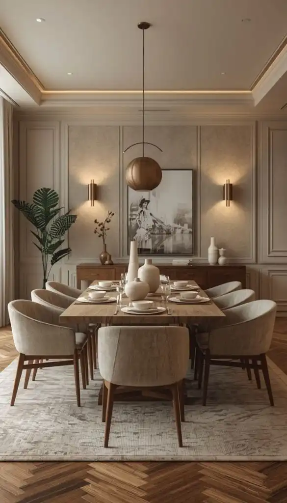 Elegant dining room with a wooden table, beige chairs, modern decor, and warm lighting, creating a sophisticated and