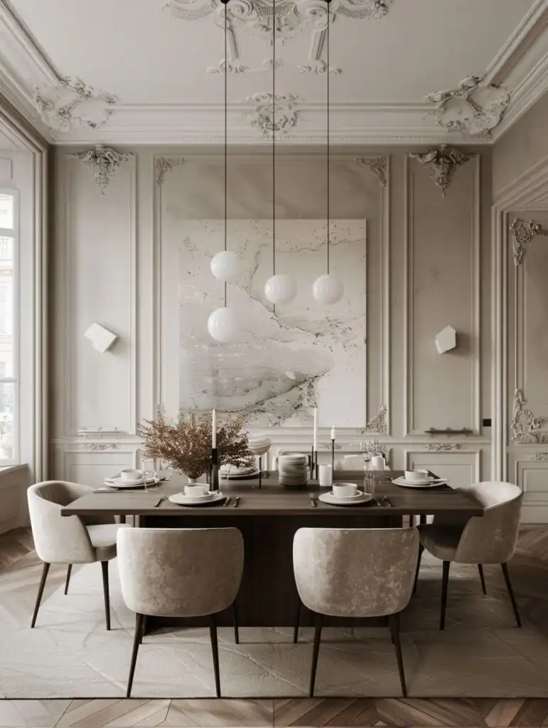 Elegant dining room with modern pendant lights, ornate ceiling, and a wooden table set for four, surrounded by beige