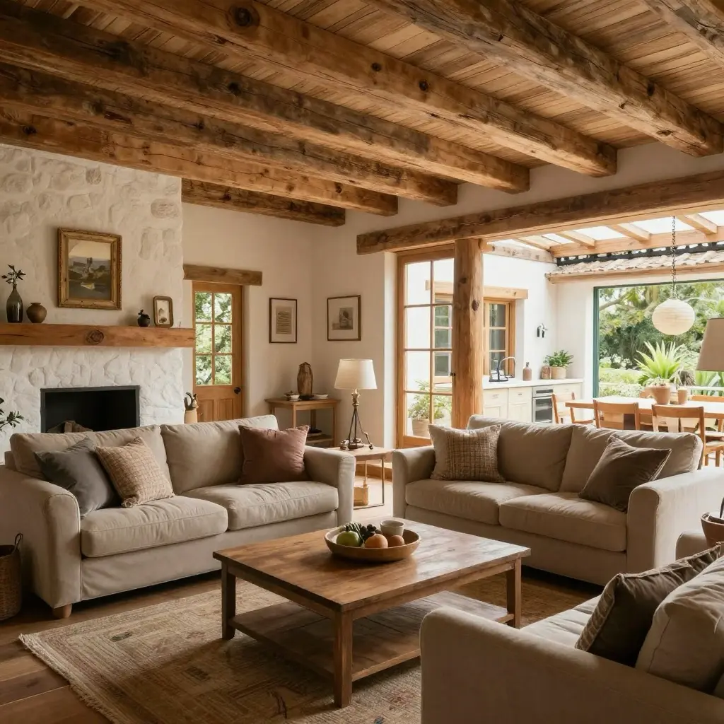 Cozy living room with rustic wood beams, beige sofas, stone fireplace, and bright natural light from large windows and sliding doors.