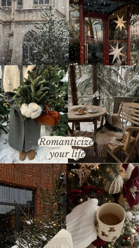 _ 8 Romantic winter collage with snow, cozy decor, pine branches, and text Romanticize your life for enchanting seasonal inspiration. | Sky Rye Design Romantic winter collage with snow, cozy decor, pine branches, and text Romanticize your life for enchanting seasonal inspiration.