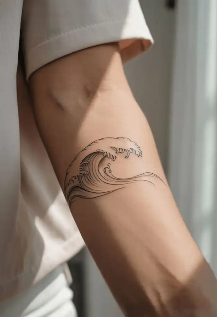 8 Meaningful Tattoo Inspirations Minimalist wave tattoo on a person's arm, symbolizing strength and fluidity, under soft natural light. | Sky Rye Design Minimalist wave tattoo on a person's arm, symbolizing strength and fluidity, under soft natural light.
