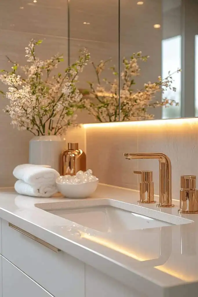 Luxurious bathroom vanity with gold faucet, fresh flowers, rolled towels, and soft lighting for an elegant, serene