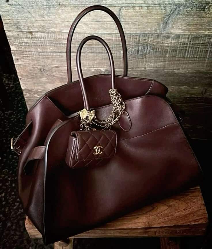 _ 81 Luxurious brown leather handbag with a small quilted purse, set against a rustic wooden background, exuding elegance and style. | Sky Rye Design Luxurious brown leather handbag with a small quilted purse, set against a rustic wooden background, exuding elegance and style.