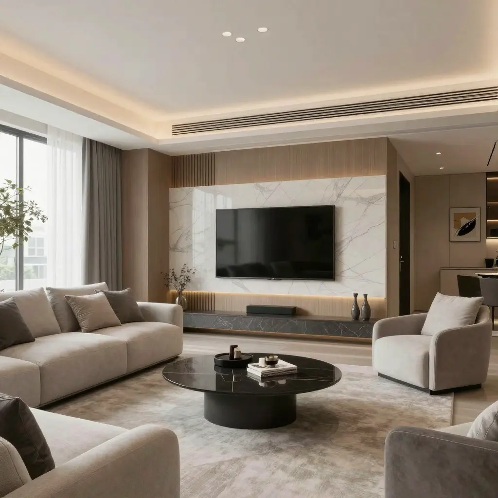 Modern living room with a sleek TV setup, marble accents, cozy gray sofas, and a stylish round coffee table, offering a comfortable atmosphere.