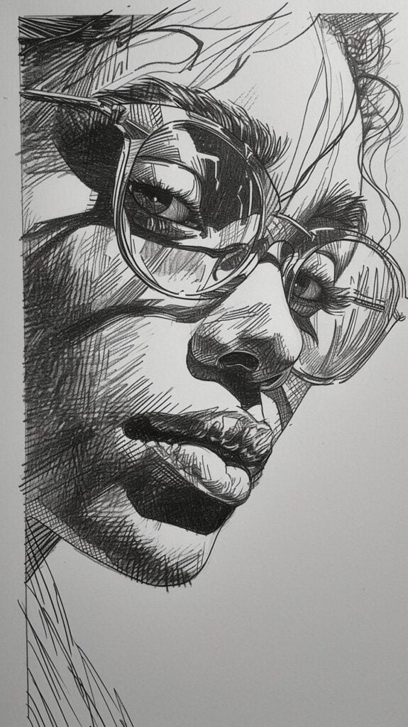 Artistic pen sketch of a thoughtful person wearing glasses, showcasing detailed facial features and shading. Perfect for art and creativity topics.