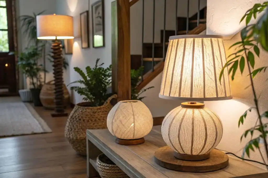 Cozy interior with stylish wooden lamps and vibrant green plants, creating a warm and inviting atmosphere in a modern setting.